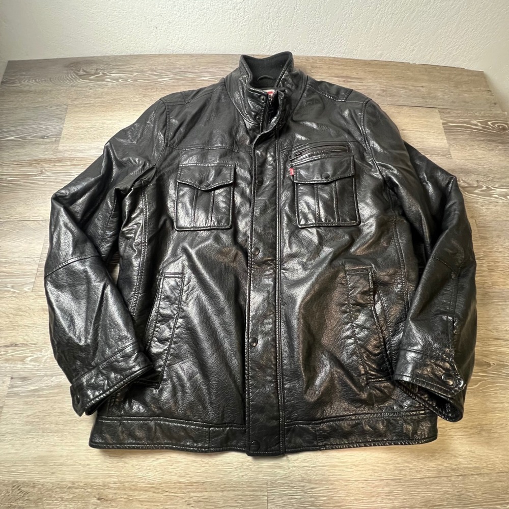 Levis Field Jacket Mens XL Black Faux Leather Sherpa Lined Full Zip Moto Coat